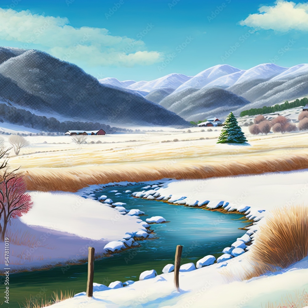 圣诞猫山脉田野边河霜冻的乡村冬季景观