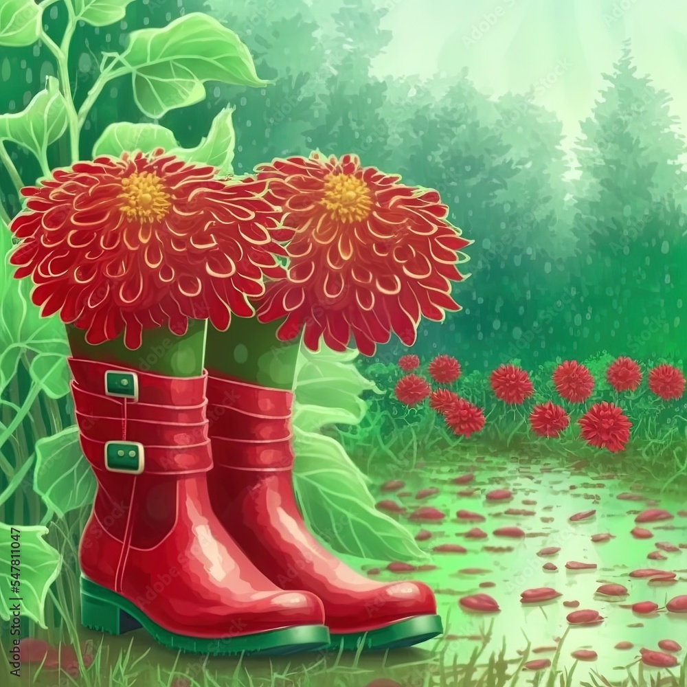 花园里的红色大丽花和红色橡胶靴，自然的绿色背景，乡村的夏天或秋天
