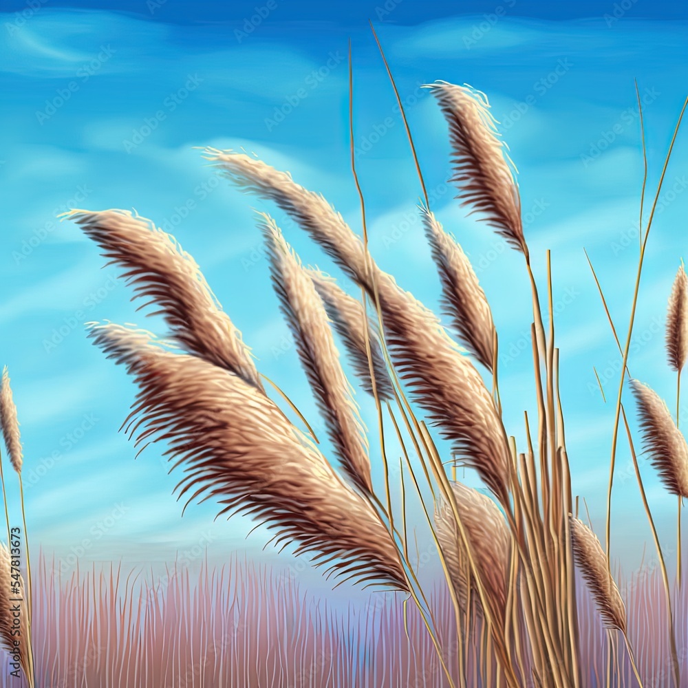 干燥蓬松的芦苇，美丽的蓝色多云天空背景下的猫尾草。傍晚的冬季自然植物学