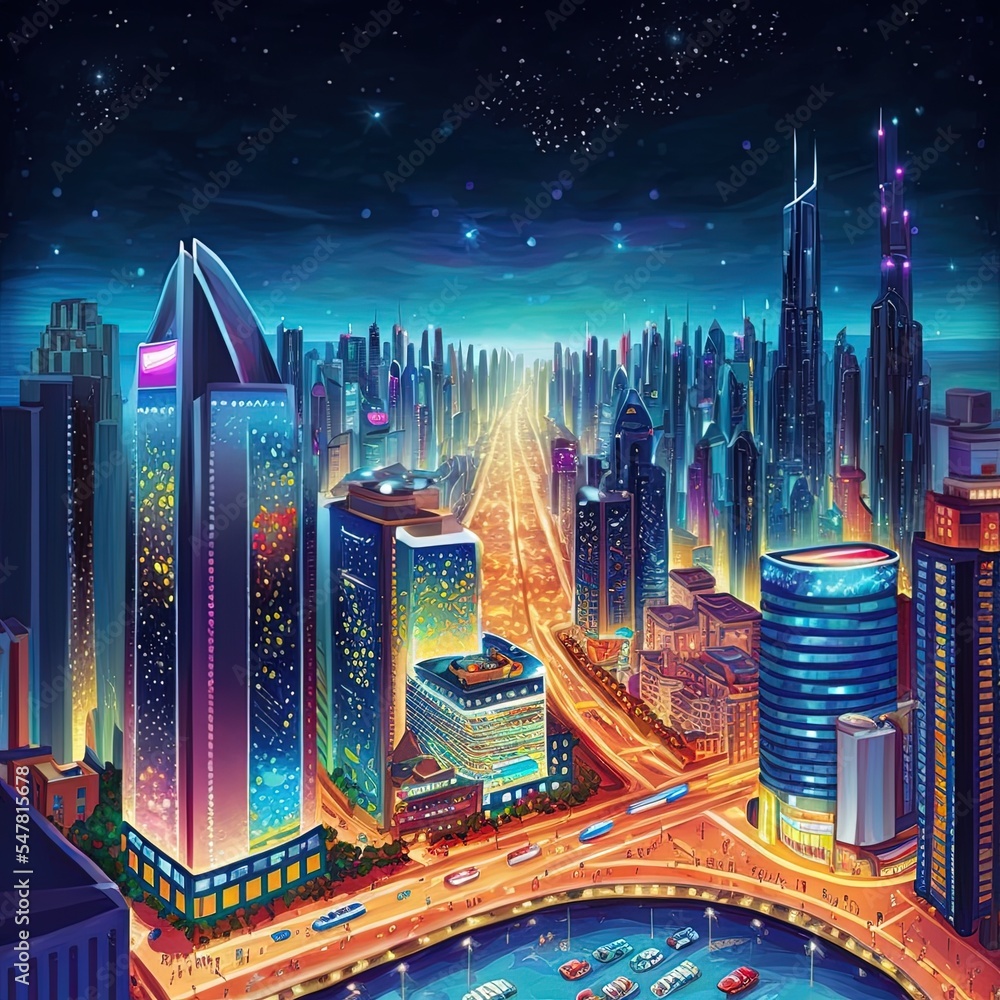 美丽的迪拜城市景观，城市夜景鸟瞰图，现代城市全景景观，