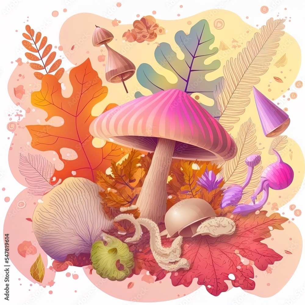 秋天的叶子，浅背景上的蘑菇秋天的构图，用柔和的色彩象征秋天