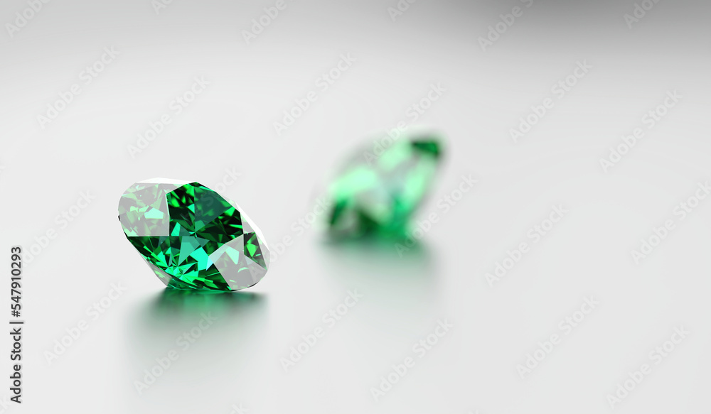 放置在光泽背景柔焦3d渲染插图上的绿色钻石