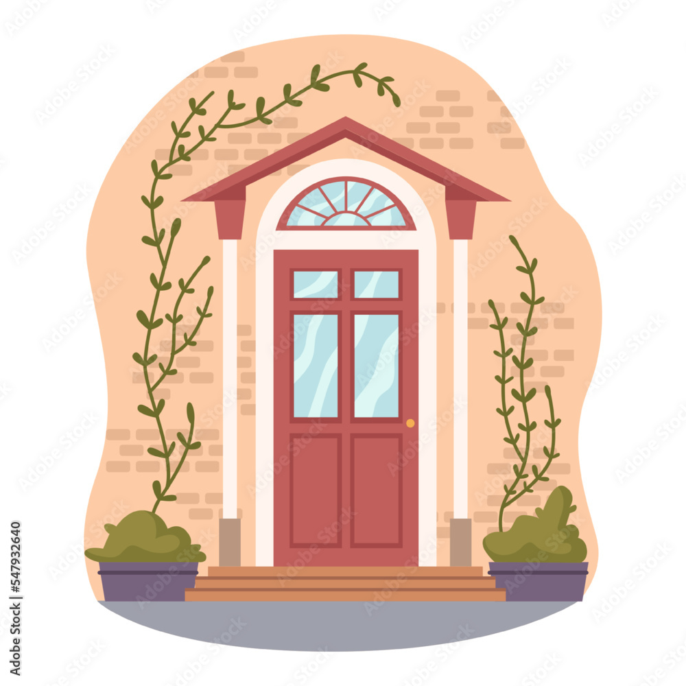 房子的入口门，带装饰的家庭门廊。盆栽植物，用树叶编织花朵