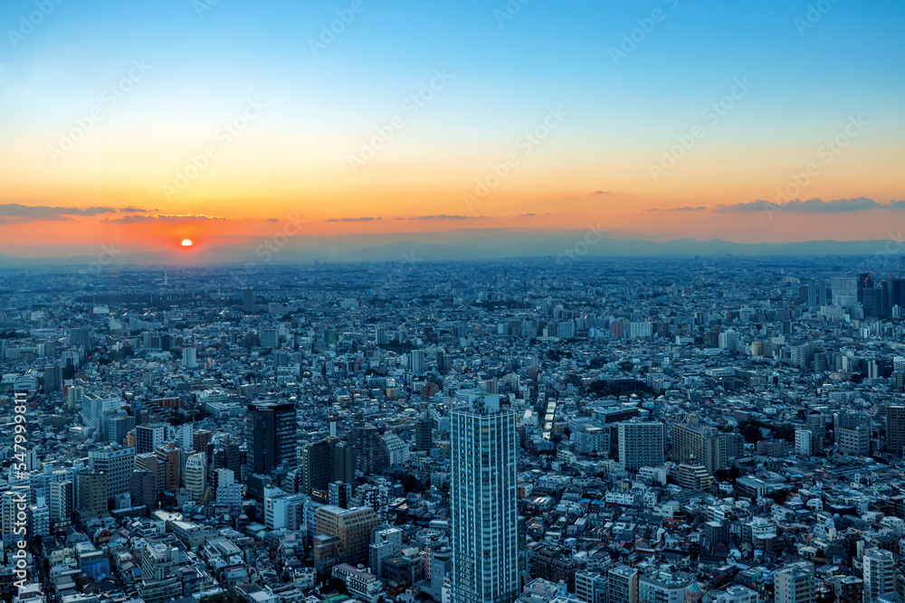 日落时分，摩天大楼高耸于日本东京西新宿的城市景观