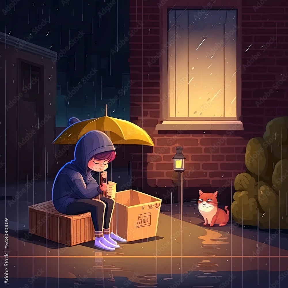 下雨天，一名男子在夜间咖啡馆前的街道上发现盒子里有猫