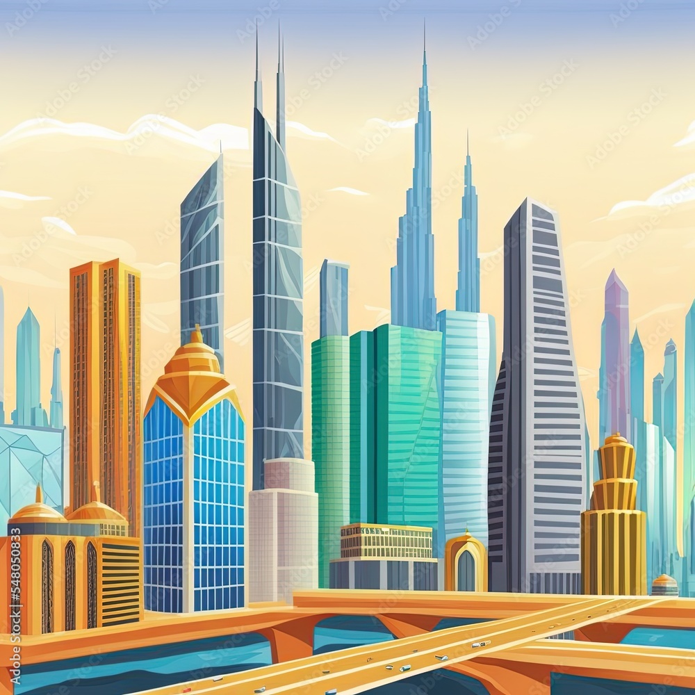 迪拜天际线和市中心的摩天大楼采用阳光卡通风格。高层建筑的现代建筑理念
