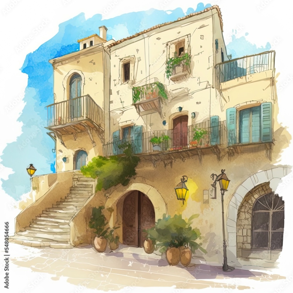 地中海城市建筑外部水彩画风格图解