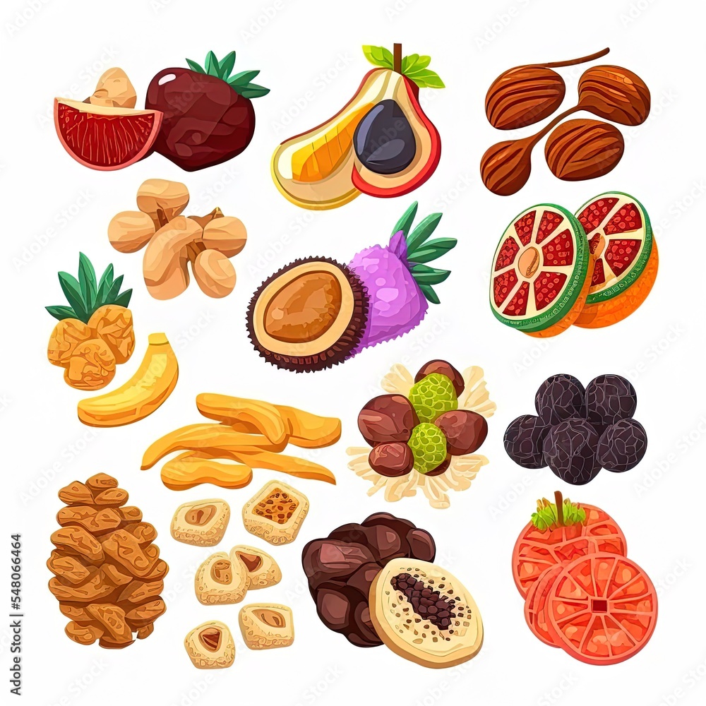 各种干果卡通插图卡通风格。无花果干、杏干、梨干、菠萝干、苹果干。
