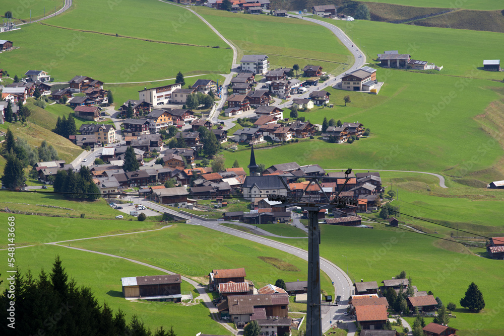 Beautiful scenic landscape at Alp Milez, Canton Graubünden, with villages Dieni, Rueras and Sedrun i