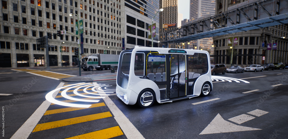 自动驾驶电动公交车街头自动驾驶，智能汽车技术概念，3d渲染