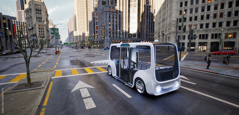 自动驾驶电动公交车街头自动驾驶，智能汽车技术概念，3d渲染