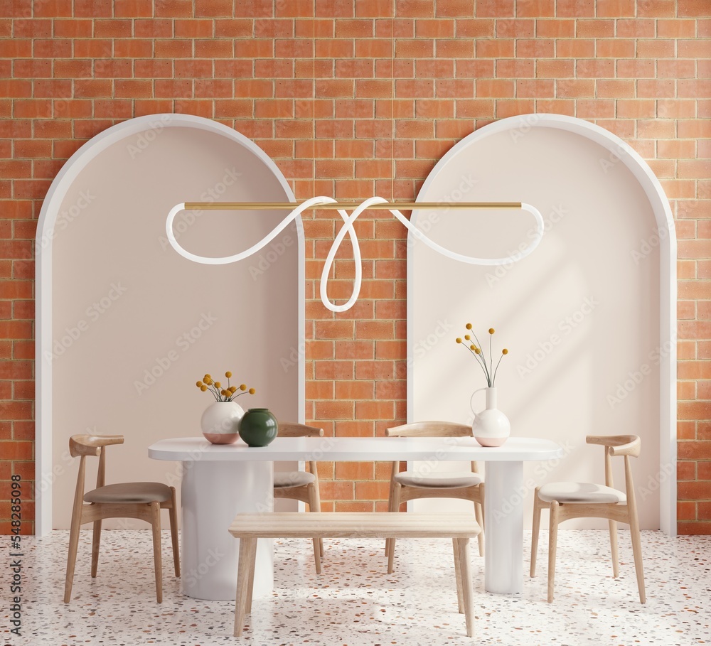 现代餐厅室内设计，带有斯堪的纳维亚风格的白墙。