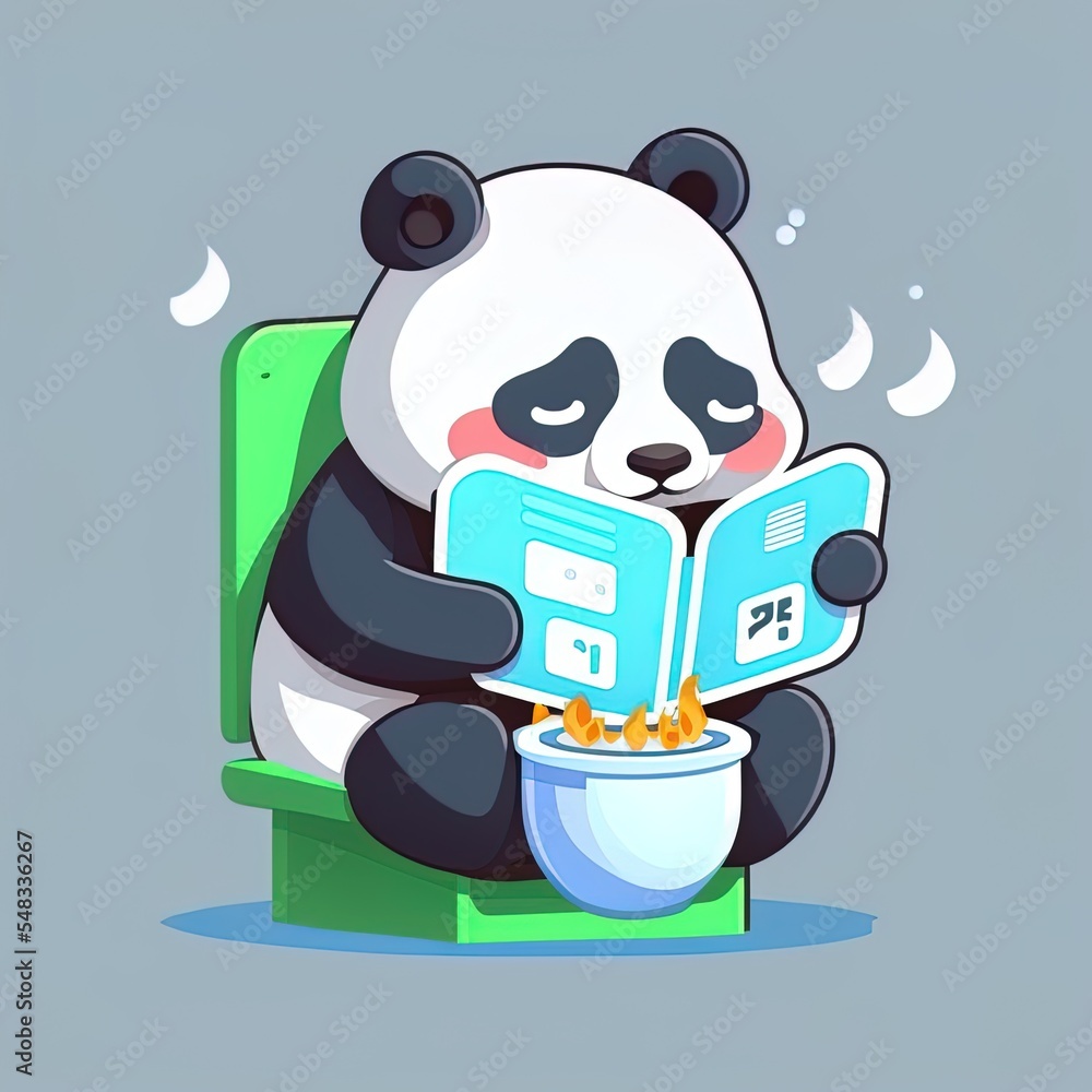 可爱的熊猫在厕所上看报纸卡通2d插图图标插图。动物自然图标