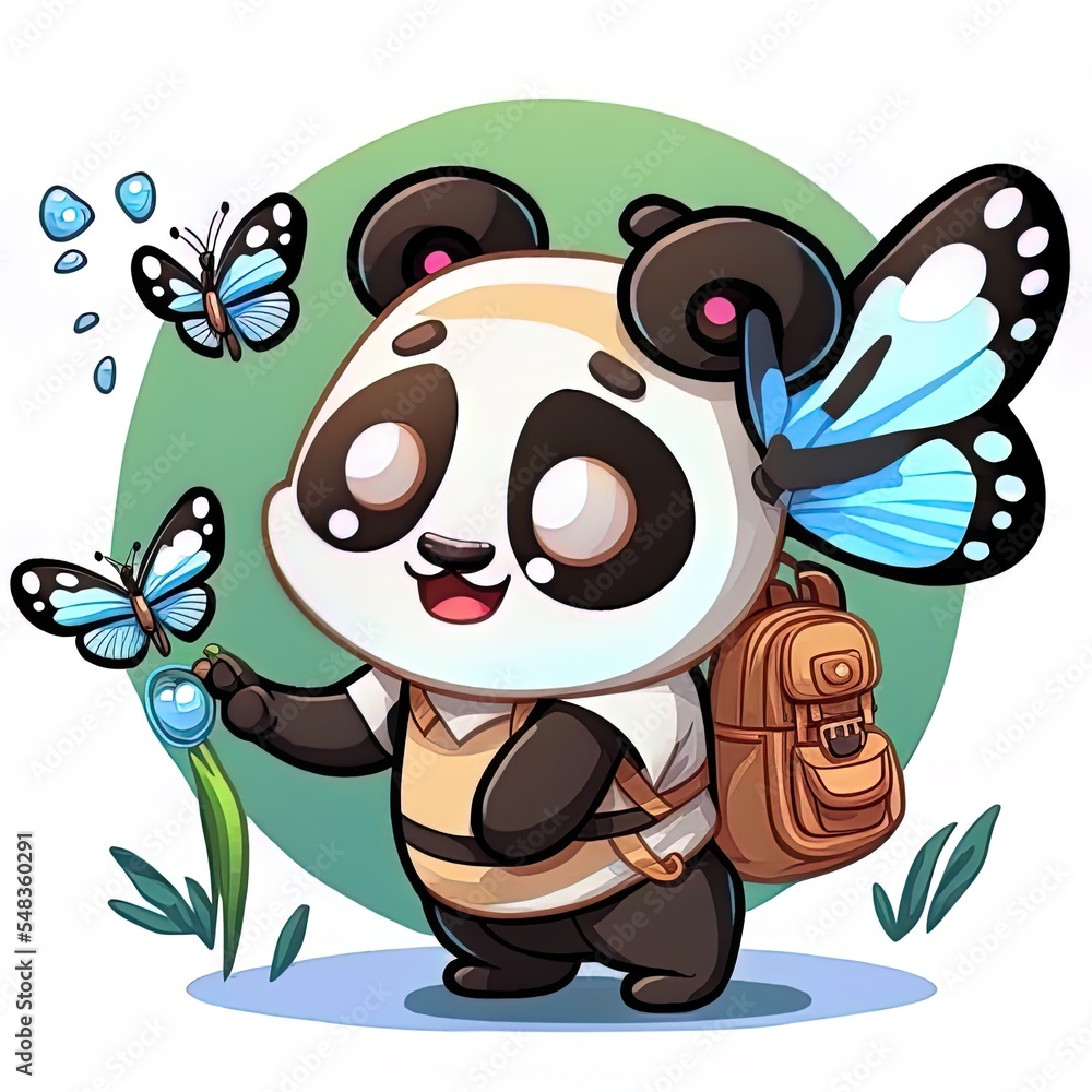 可爱的熊猫背包客玩蝴蝶卡通2d插图图标动物天性