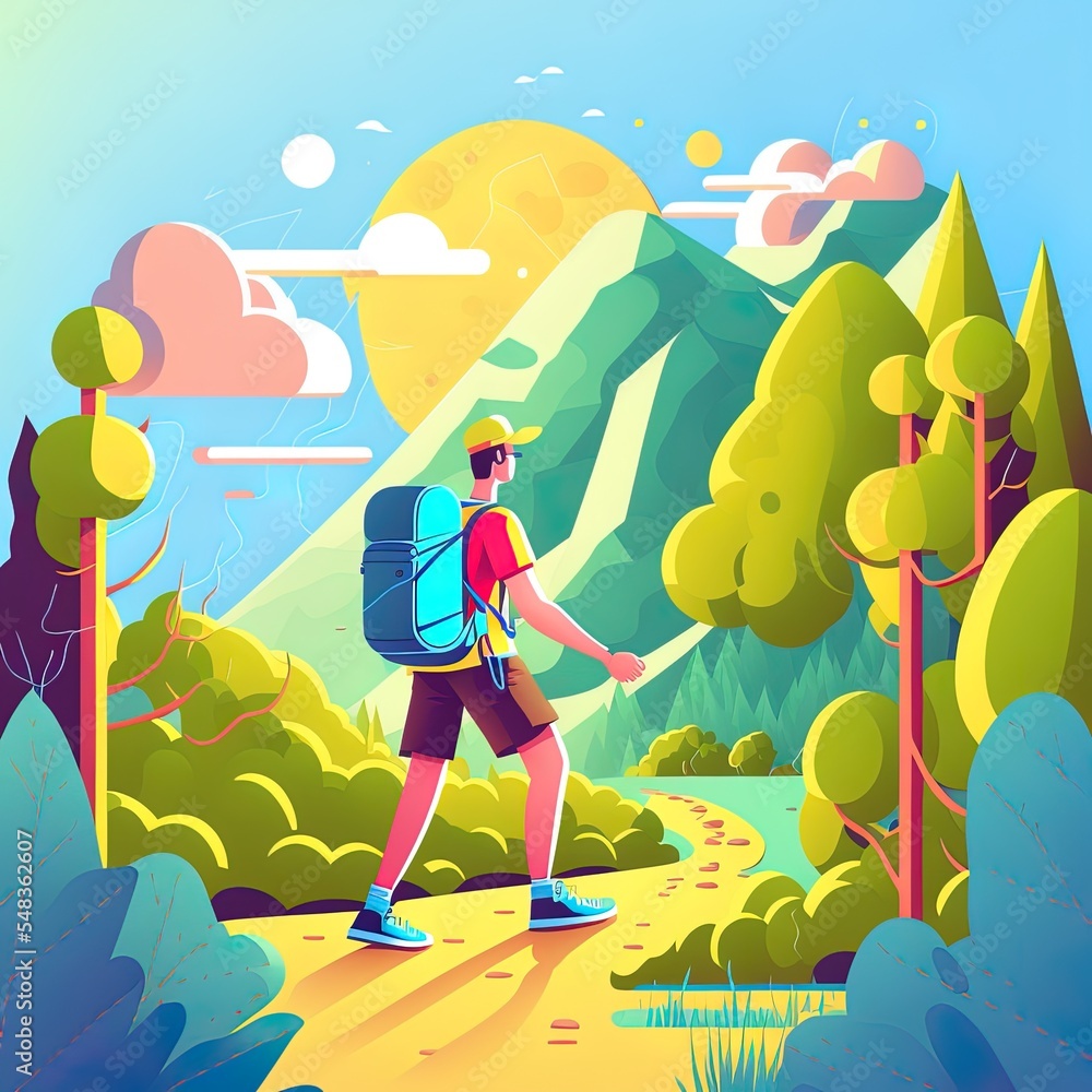 夏季徒步旅行抽象概念2d插图