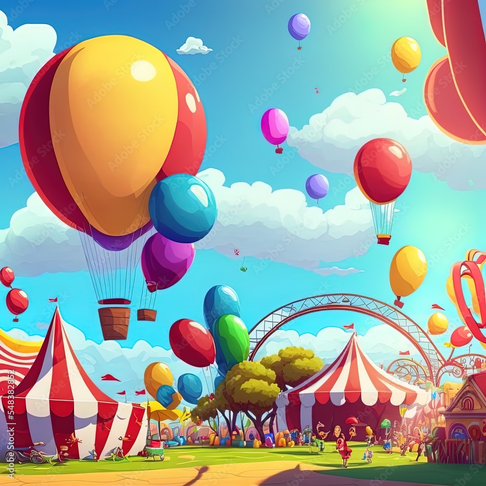 白天的游乐园场景，天空中有气球