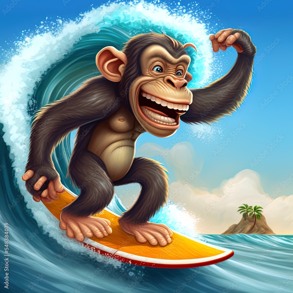 快乐的黑猩猩在大浪中冲浪