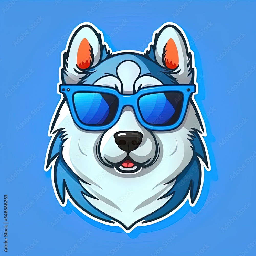 Cool Husky Dog Wearing Glasses Cartoon 2D Illustrated Icon Illustration. Animal Nature Icon Concept 
