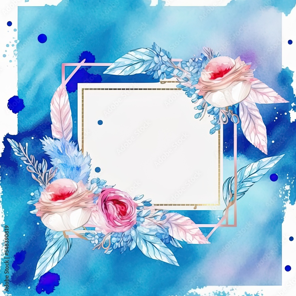 优雅的ValentineS花框水蓝色背景