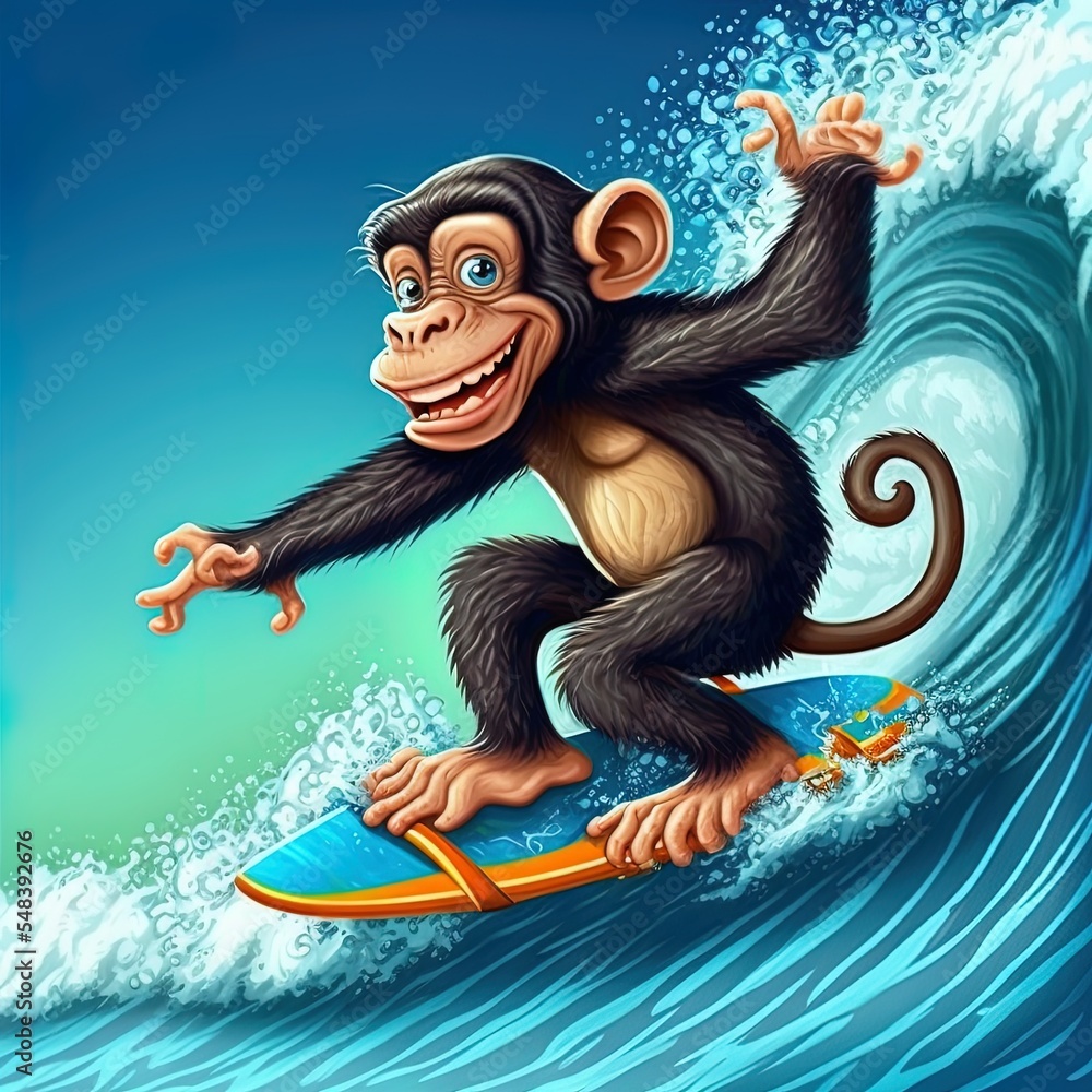 The happy chimpanzee is playing the surfing in the big wave