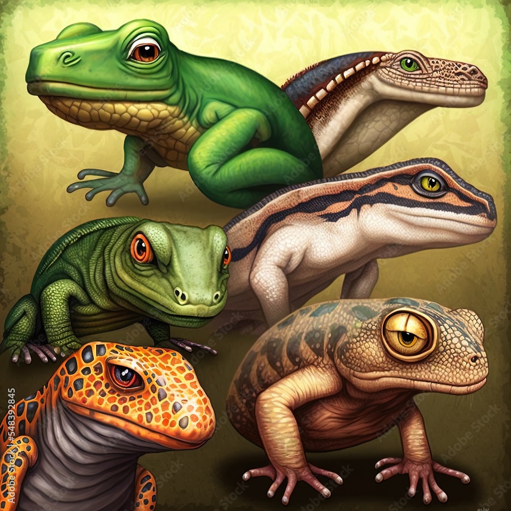 Reptiles and amphibians cartoon style