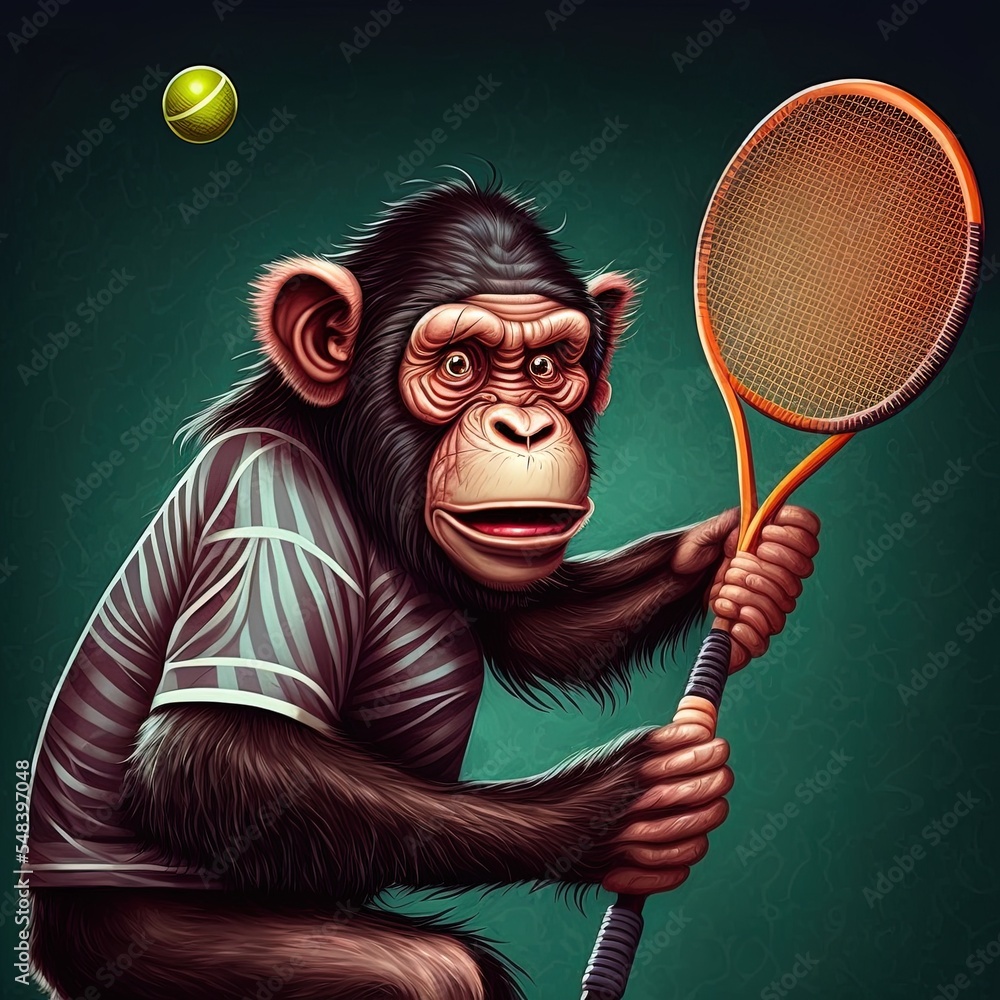 黑猩猩正在打羽毛球，并用球拍击球