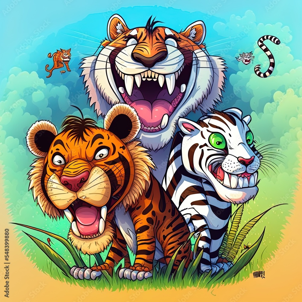 卡通野生动物老虎、猴子和鬣狗