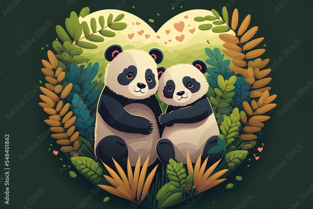 可爱的熊猫爱情卡通2D图解图标插图。动物自然图标概念独立首映