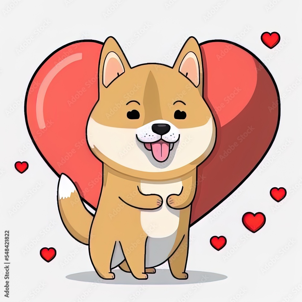 可爱的Shiba犬与爱心标志手绘卡通2D插图图标插图。动物天性