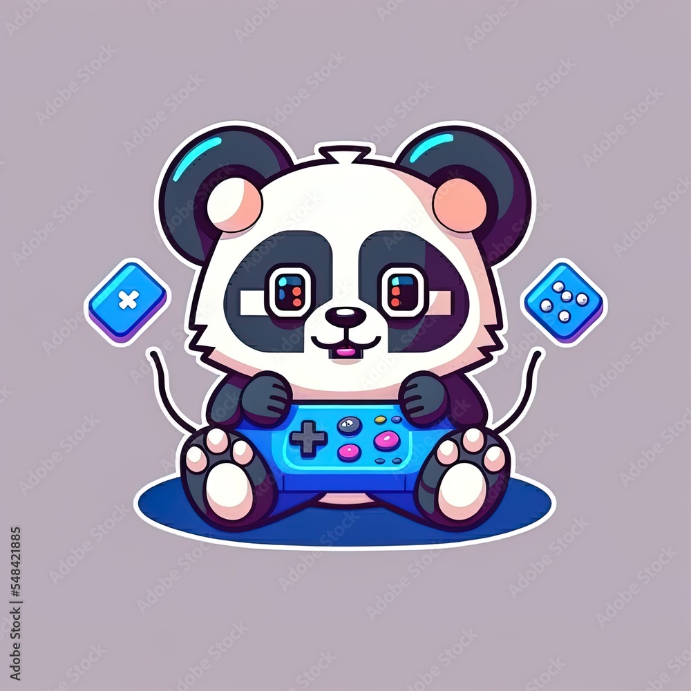 可爱的熊猫玩游戏卡通2D图解图标插图。动物技术图标概念Iso