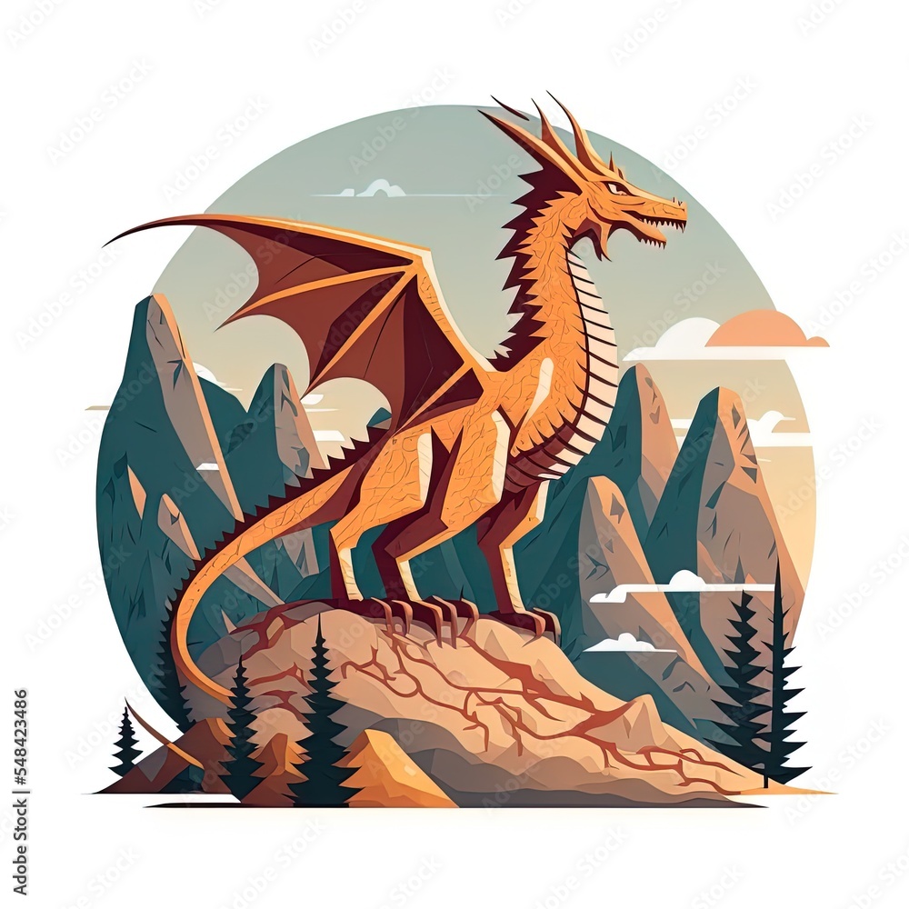 龙站在山上卡通2D图解图标插图。动物自然图标概念Iso