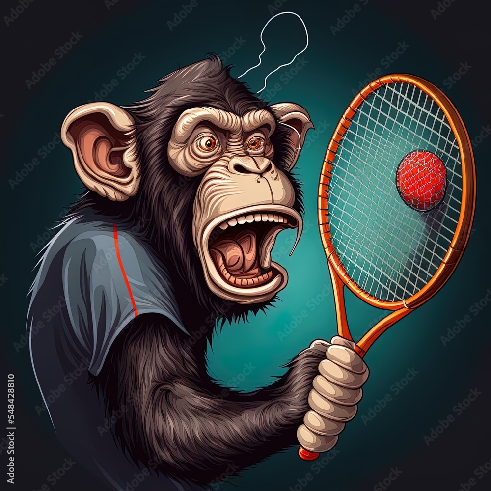 黑猩猩在打羽毛球，用球拍击球