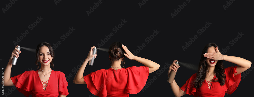 Set of pretty young woman with hair spray on black background