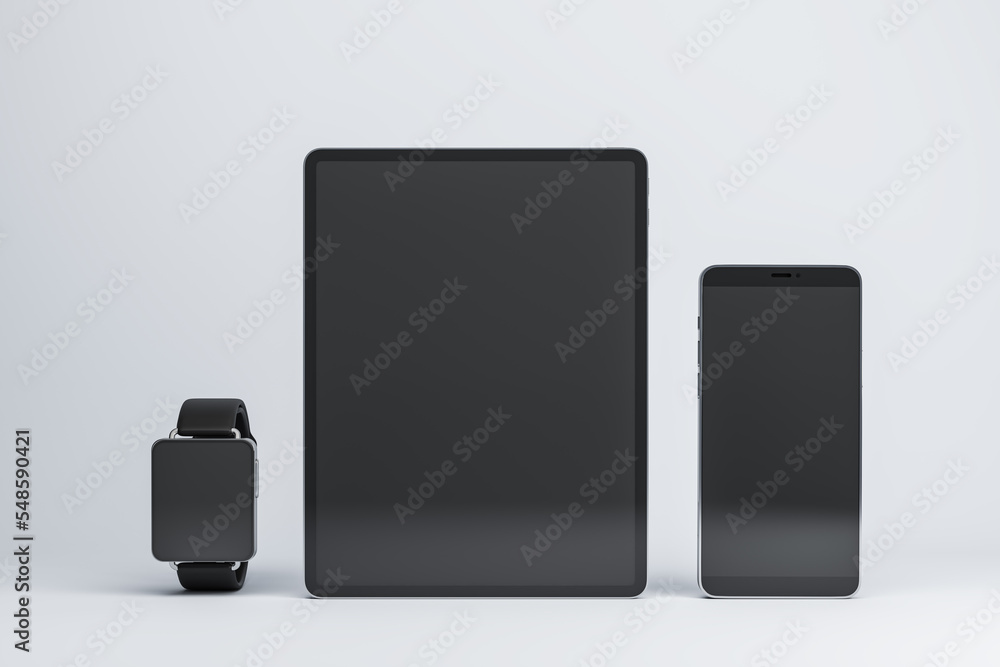 空白黑色现代设备屏幕上的前视图，可放置徽标或文字、智能手表等