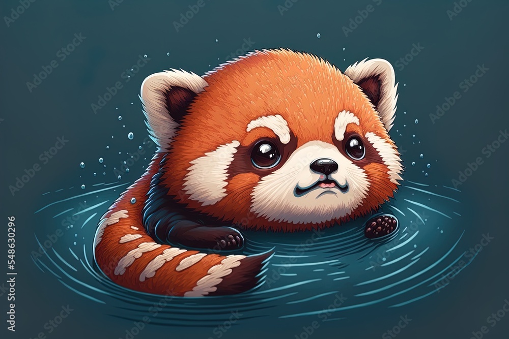 可爱的红熊猫游泳卡通2D图解图标插图