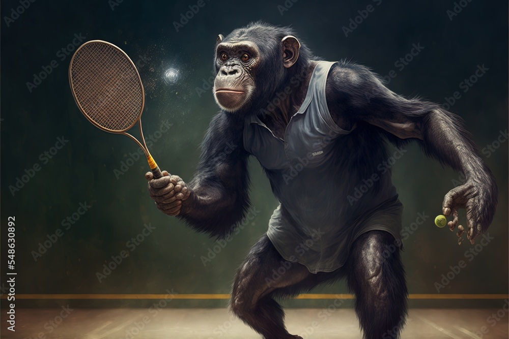 黑猩猩正在打羽毛球并用球拍击球