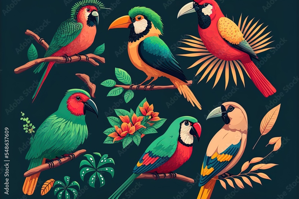 异国热带鸟类复古图标卡通风格