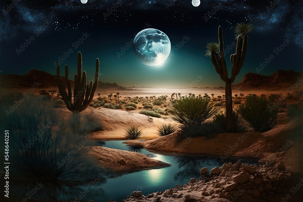 满月星空下的夜沙漠绿洲