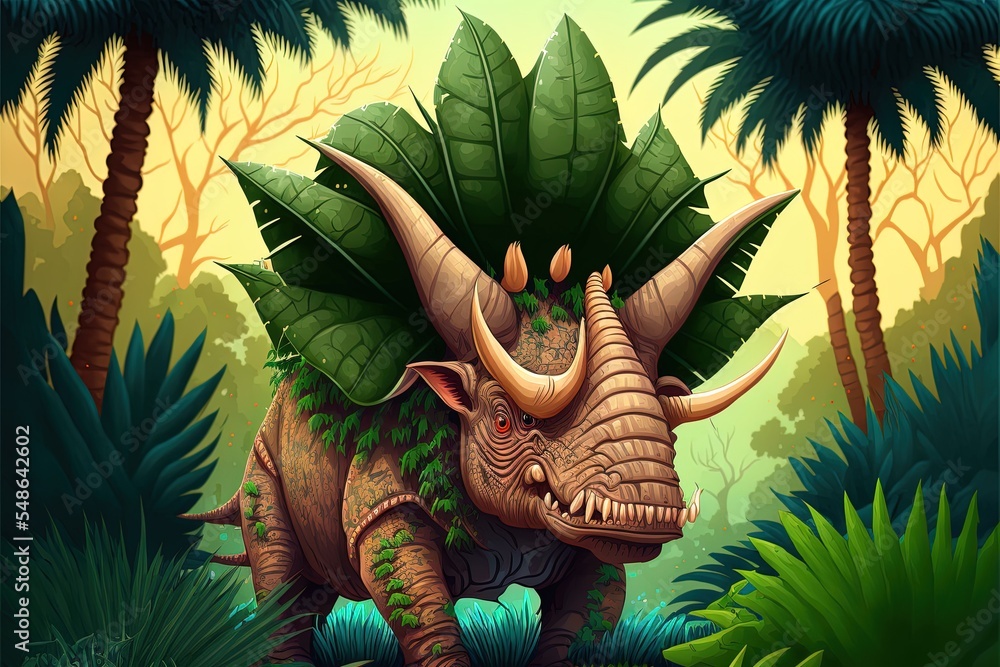 丛林中的三角龙恐龙——以棕榈树为背景的热带森林中的史前野生动物