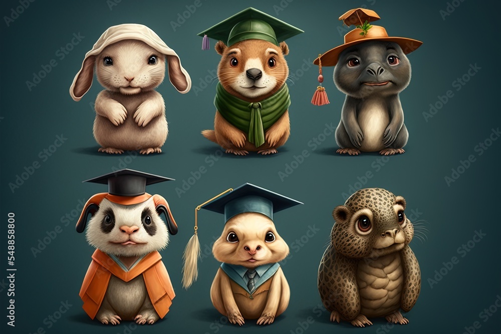 戴毕业帽的可爱动物集，卡通风格2D插图