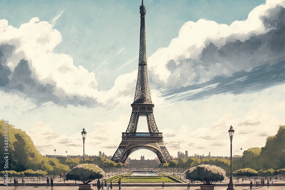 春天从Trocadero拍摄的埃菲尔铁塔全景图。