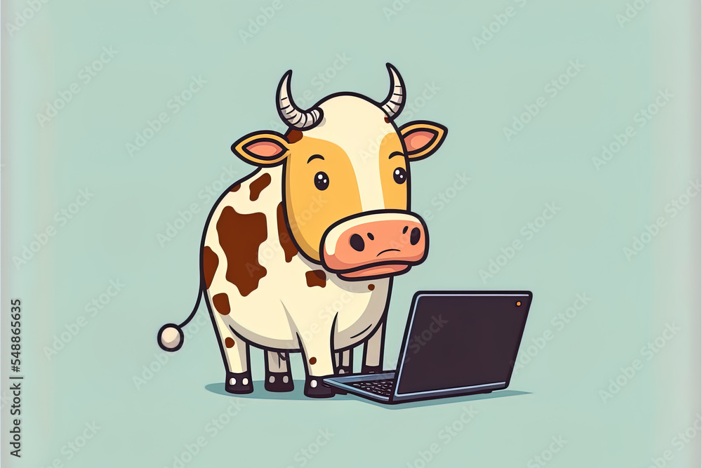 可爱的奶牛在笔记本电脑上工作2D图示图标插图。动物技术图标概念
