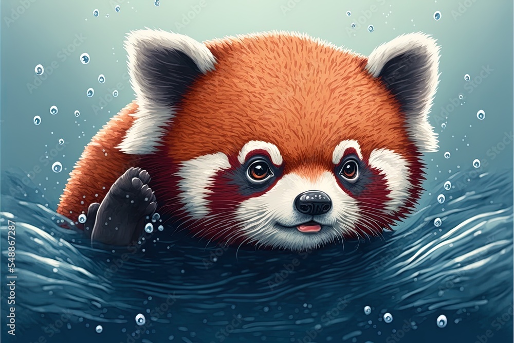可爱的红熊猫游泳卡通2D图解图标插图