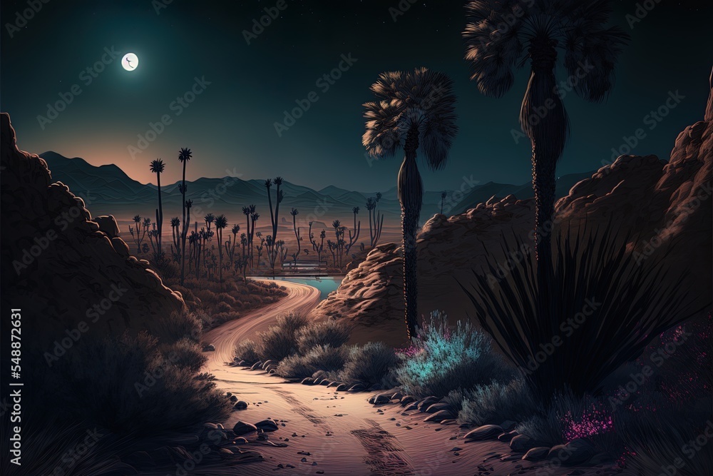 沙漠绿洲，夜景长路景观