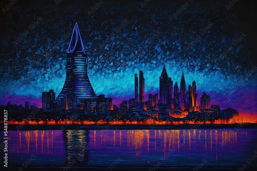 Night View Of Baku With The Flame Towers Skyscrapers, Television Tower And The Seaside Of The Caspia