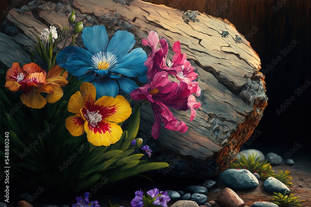 岩石和木头上五颜六色的花朵的大型插图