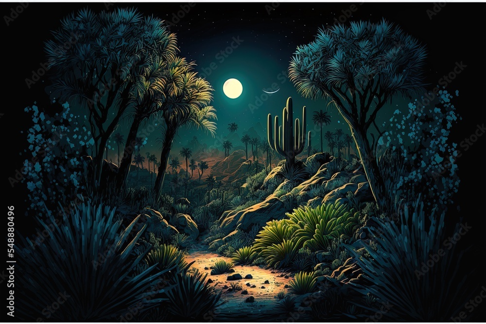 小绿洲夜景沙漠森林景观