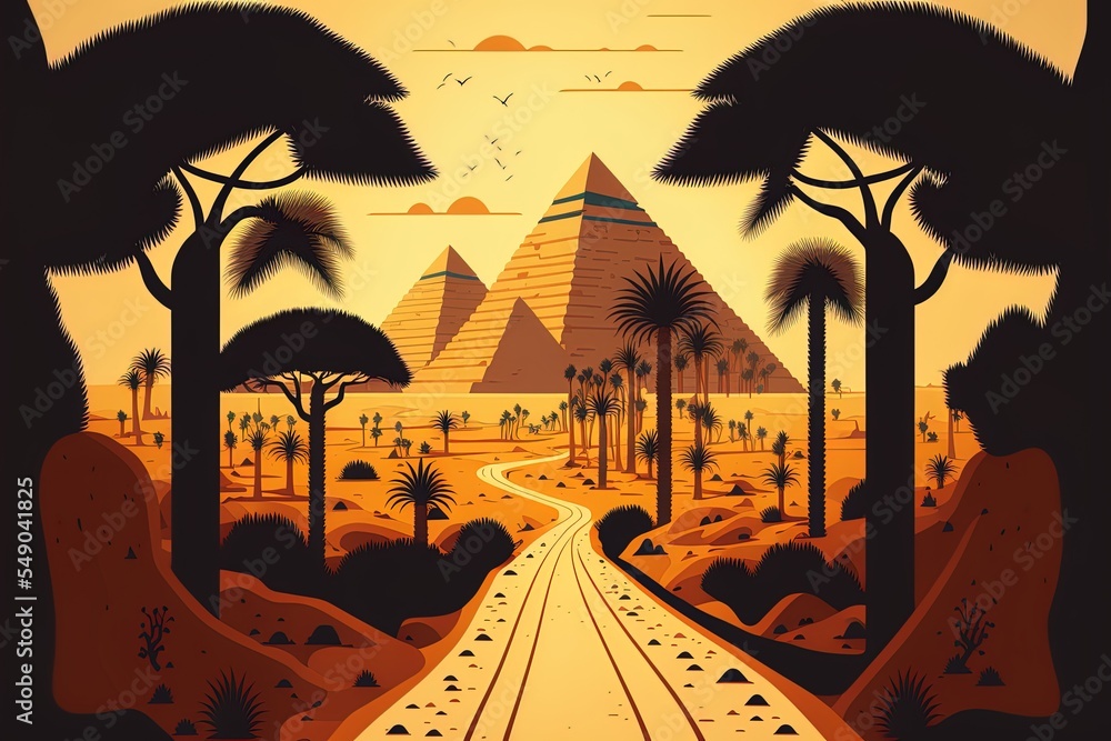 穿越沙漠森林的漫长道路在吉萨金字塔的阳光卡通风格场景中