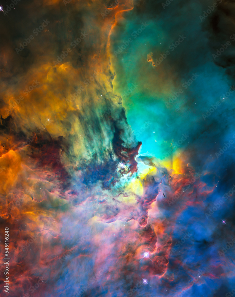 太空中的泻湖星云。五颜六色、充满活力的彩虹星座。数字增强。元素