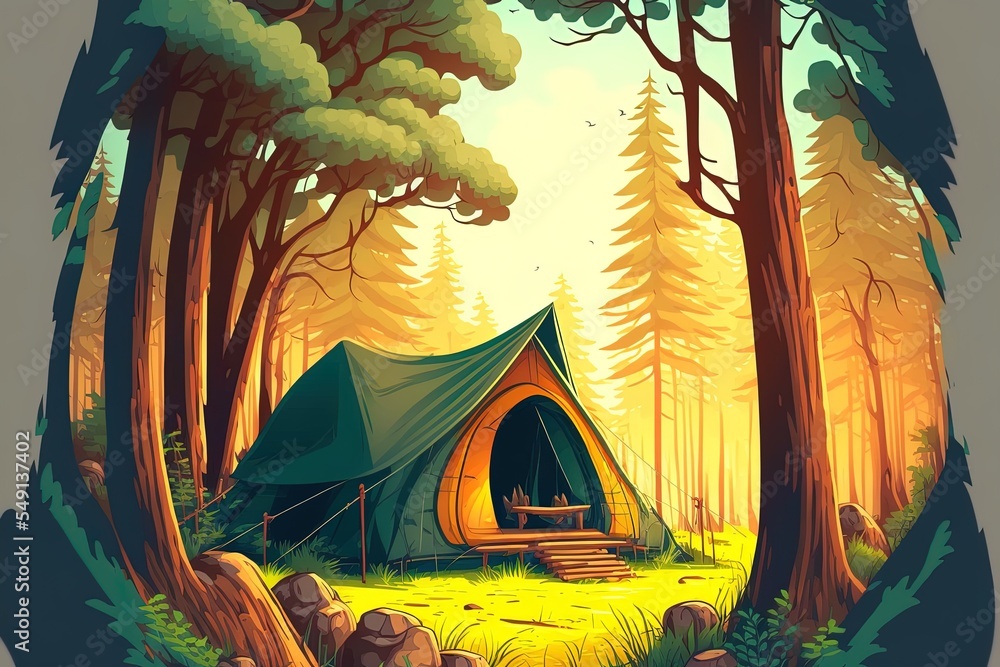 森林露营插图。Glade上的旅游帐篷。在夏季森林中探险和休息